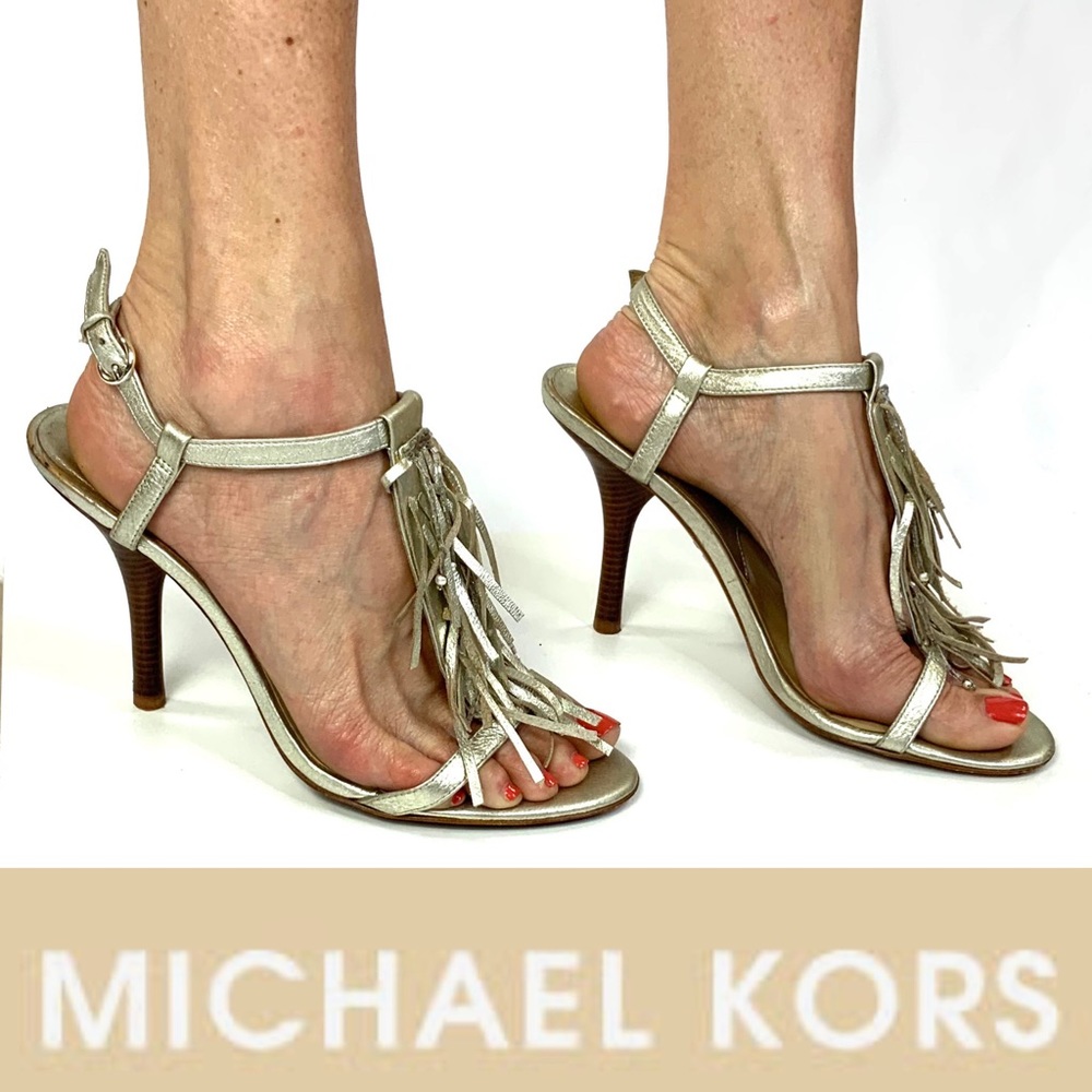 MICHAEL KORS Brushed Platinum Fringed T-Strap